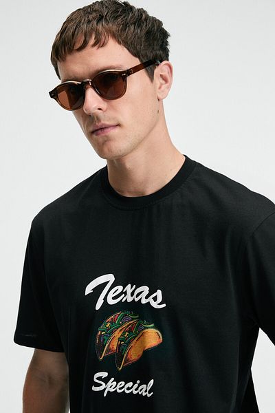 GRIMELANGE Crisp Men's Oversize 100% Cotton Printed Round Neck Black T-Shirt