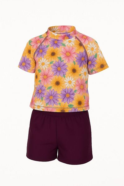 pistyle Flower Patterned Girl's Swimsuit - Including Bottom, Top and Scarf