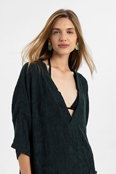 Deriderim Dark Green Sile Cloth Pocket Short Sleeve V Neck Summer Cotton Shirt Dress