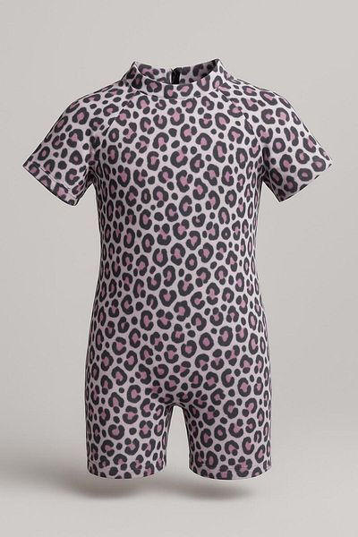 pistyle Girl's Leopard Patterned +40 Factor Sun UV Dried Light Pink Jumpsuit Swimsuit