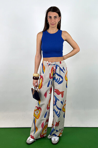 Love The Wind Orange Patterned Cotton-Linen Flowy Palazzo Pants