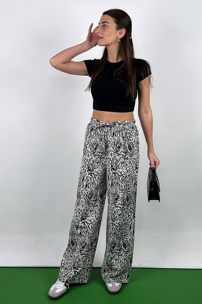 Love The Wind Cotton-Linen Flowy Black Patterned Palazzo Pants