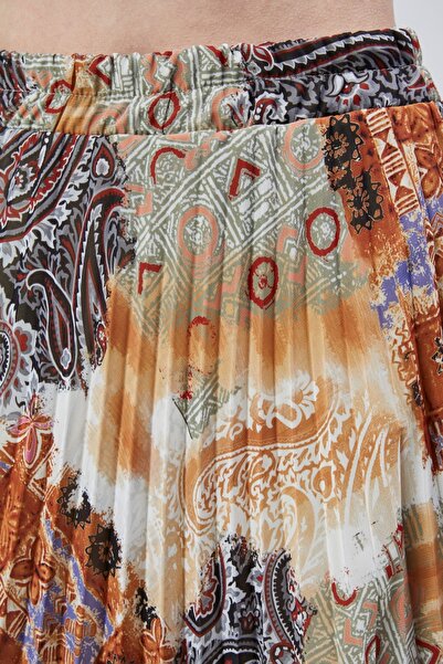 Modabenna Patterned Lined Pleated Chiffon Skirt with Elastic Waist Pleated