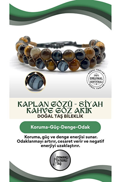 OSMANLI DEĞERLİ TAŞ Kaplan Gözü - Siyah Kahve Göz Akik Doğal Taş Makrome Bile...