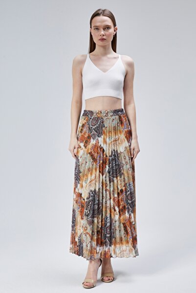 Modabenna Patterned Lined Pleated Chiffon Skirt with Elastic Waist Pleated