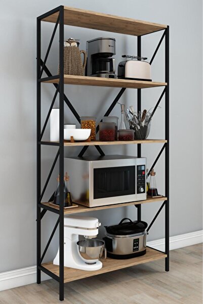 Mgr Office 180 Cm Dekoratif 5 Raflı Kitaplık Çok Amaçlı Raf Metal Kitaplık Kahverengi