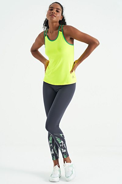 TOMMY LIFE Neon Yellow Double Strap Back Detailed Standard Mold Women's Sports Undershirt - 97258