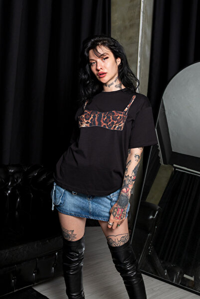 Bak Moda Tricou negru pentru femei cu imprimeu leopard Bikini Relaxed Fit