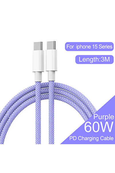 Choice كابل شاحن مضفر من نوع C إلى C أرجواني 3M، مزود بتقنية PD 60 وات، مناسب...