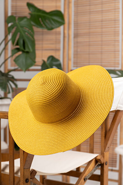 Luminos Butik Geniş Kenarlı Sarı Örgü Desenli Moda Ve Fonksiyonel Şapka Güneşten Koruma Hsr2005