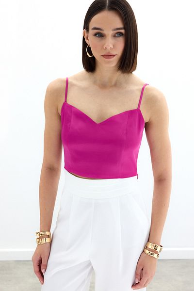 Sateen Bluză crop din satin cu curea de frânghie - fucsia