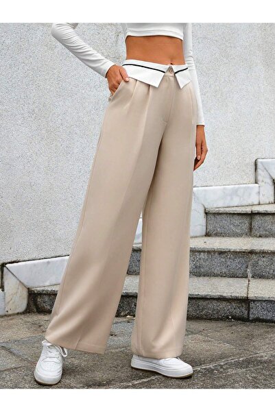 Fovere بنطلون نسائي من قماش Palazzo ذو ياقة باللون البيج