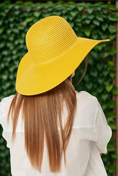 Luminos Butik Geniş Kenarlı Sarı Örgü Desenli Moda Ve Fonksiyonel Şapka Güneşten Koruma Hsr2005