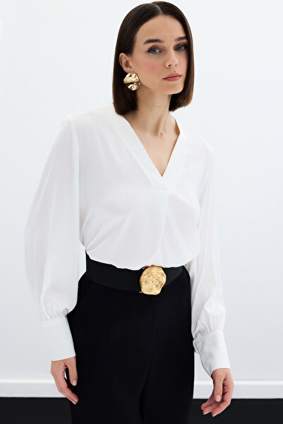 Sateen V-подібний сатеневий блуз - Екрю