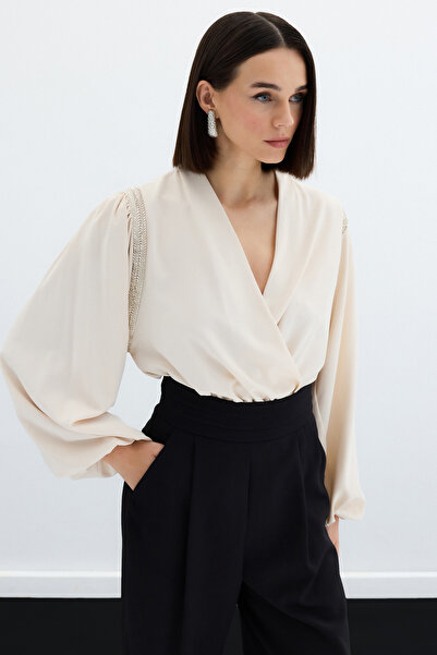 Sateen Bluză Body cu Accesorii Detaliată - Bej