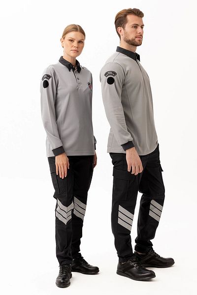 Kardelen İş Elbiseleri Tricou gri de siguranță cu mânecă lungă – guler polo, scris personalizat de siguranță, detaliu bleumarin