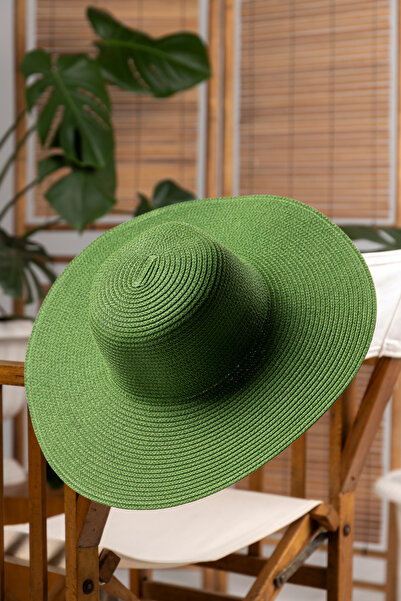 Luminos Butik Geniş Kenarlı Yeşil Örgü Desenli Moda Ve Fonksiyonel Şapka Güneşten Koruma Hsr2005