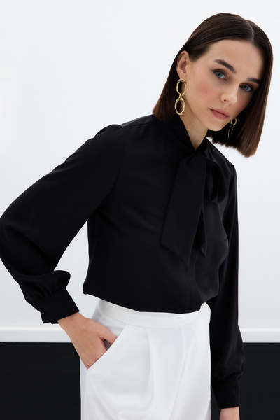 Sateen Yakası Bağlamalı Düz Gömlek - Siyah