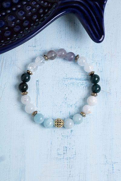 Deniz Doğal Taş Certified Aquamarine and Fluorite Pisces Natural Stone Bracelet