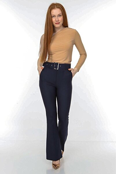 Fovere Pantaloni evazați cu talie înaltă de damă, albastru bleumarin