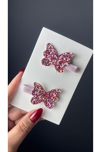 Toka Perisi Pembe Miks Kelebek Figürlü Simli Glitter Klips Toka Seti 2’li