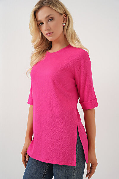 Bigdart 4332 Yanı Yırtmaçlı Örme Tişört - Fuşya