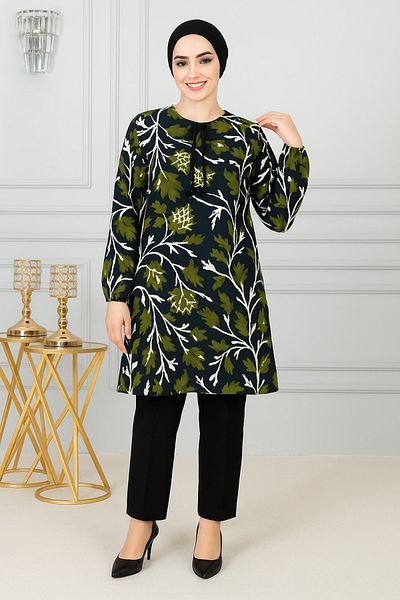 nacar çarşı Green Leaf Patterned Women's Tunic - Long Sleeve, Lace Collar, Comfortable Fit