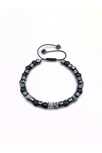 OSMANLI DEĞERLİ TAŞ Karlı Obsidyen-Hematit-Lav Taşı Doğal Taş Erkek Bilekliği
