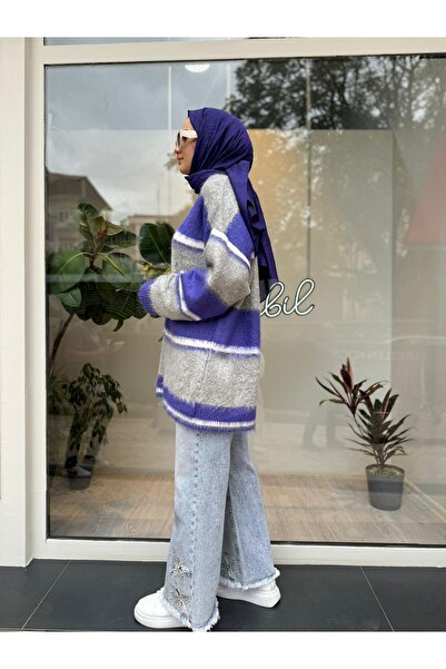 QOOQ STORE Μωβ στενό ριγέ γυναικείο πουλόβερ από μοχέρ τζαζ