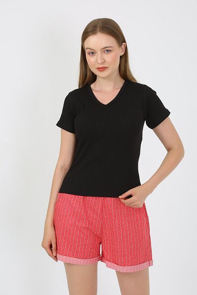 Akbeniz Set pijamale de damă cu pantaloni scurți din bumbac pieptănat negru - mânecă scurtă 3633