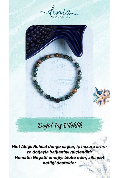 Deniz Doğal Taş Certified Indian Agate and Hematite Natural Stone Bracelet