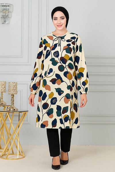 nacar çarşı Leaf Patterned Women's Summer Tunic - Lace-Up Collar, Long Sleeve