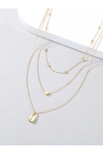 X-Lady Accessories Altın Rengi Kilit Ve Kalp Charm Katmanlı Kolye