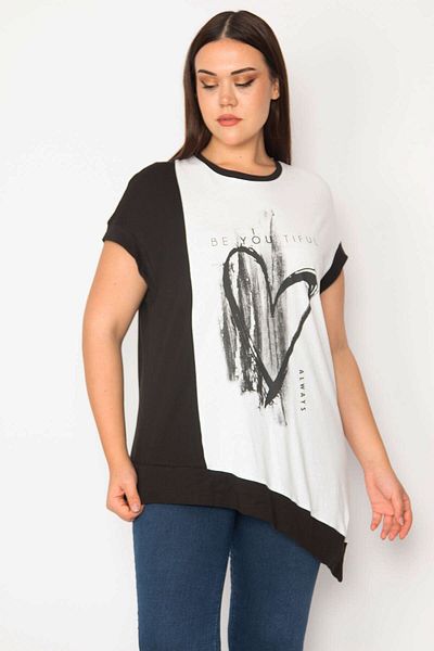 Şans Women's Large Size Bone Front Printed Color Combination Blouse 65n30505