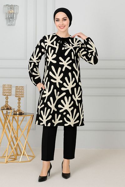 nacar çarşı Black Patterned Women's Tunic - Long Sleeve, Lace-Up Collar, Comfortable Fit