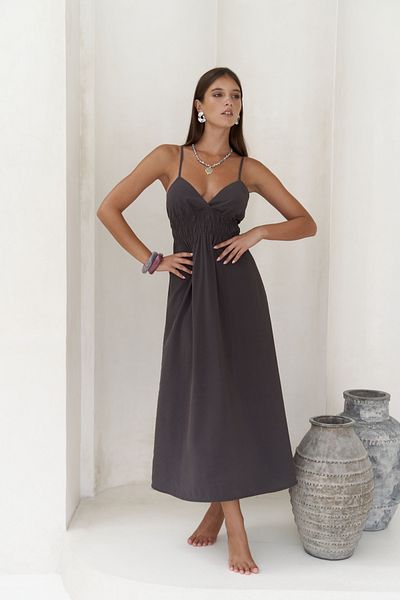 MAİ COLLECTİON Alessia Gather Detail Strappy Long Anthracite Dress