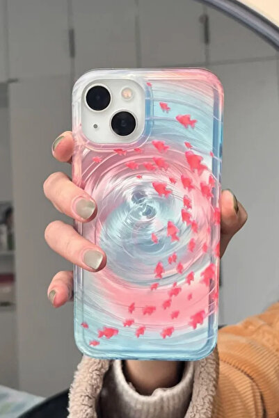 EWEC İphone 14 Pro Uyumlu Pembe Balıklı Girdap Tasarım Hologram Ins Style Imd Premium Telefon Kılıfı