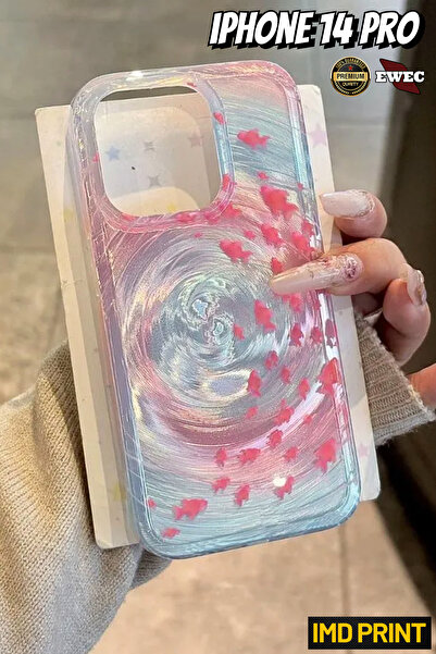 EWEC İphone 14 Pro Uyumlu Pembe Balıklı Girdap Tasarım Hologram Ins Style Imd...
