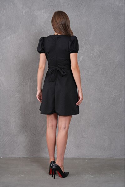 bayansepeti Black Crepe Fabric Sash Design V-Neck Balloon Sleeves Mini Dress 77125