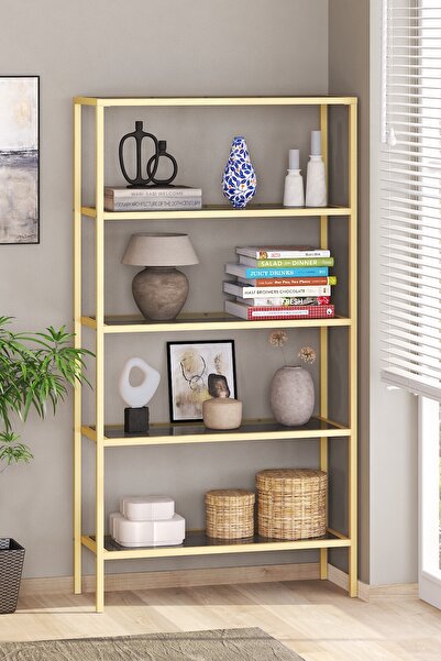 TOLIAHOME Modern 5 Katlı Gold Renk Metal İskeletli Füme Cam Raflı Aksesuar Ra...