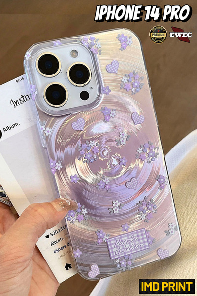 EWEC iPhone 14 Pro Uyumlu Mor Çiçek ve Kalpli Purple Garden Hologramlı IMD Pr...