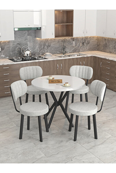 Mygusi Azra 90cm Beyaz Mutfak Masası, Mutfak Masası Takımı, Yemek Masası, 4 Açık Gri Sandalye