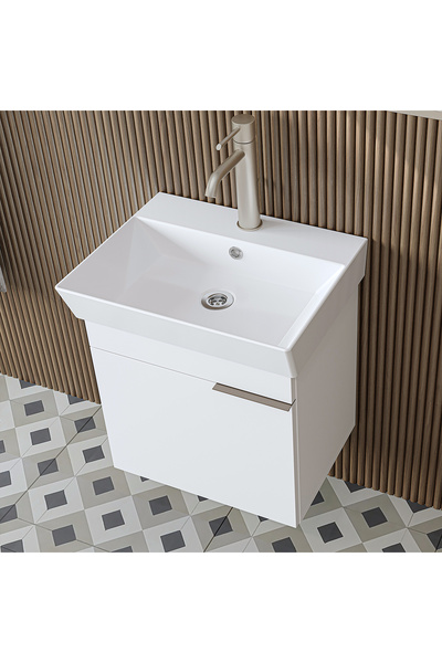 ROOMART Likya Mdflam Tek Kapaklı Lavabolu 49 Cm Banyo Dolabı + Üst Dolabı, Mini Lavabolu Banyo Dolabı Takımı