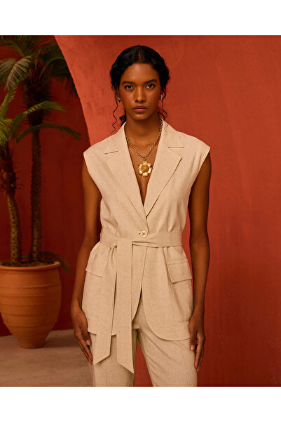 SEÇİL Kuşaklı Cepli Keten Yelek