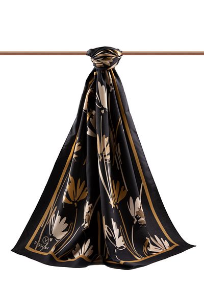 Vissona Πολυτελές Medina Silk Floral μοτίβο Χρυσό χρώμα 75x195 Ανθεκτικό σάλι Moss Crepe Τύπος ραφής Ιταλική ραμμένη