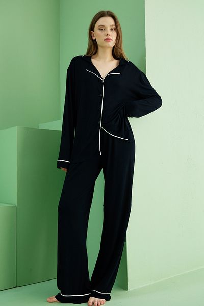 Siyah İnci Black Shirt Collar Buttoned Long Sleeve Viscose Wide-Fit Pajama Set7829