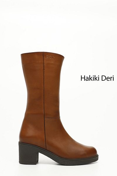 GÖNDERİ(R) Women/Girls Tan Antique Zippered Thick Heeled Genuine Leather Boots