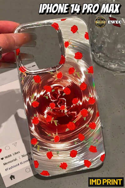 EWEC iPhone 14 Pro Max Uyumlu Kırmızı Gül Tasarımlı Hologramlı Ins Style IMD ...