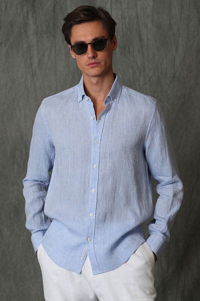 Lufian Ανδρικό λινό πουκάμισο Pitaya Comfort Fit γαλάζιο