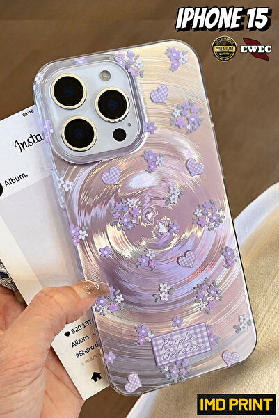 EWEC iPhone 15 Uyumlu Mor Çiçek ve Kalpli Purple Garden Hologramlı IMD Premiu...